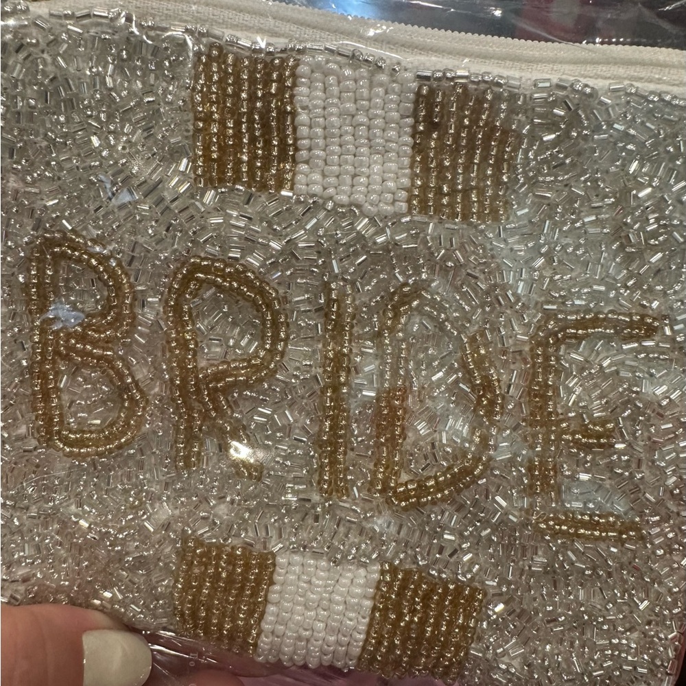 Beaded 'BRIDE' mini Pouch in White & Gold